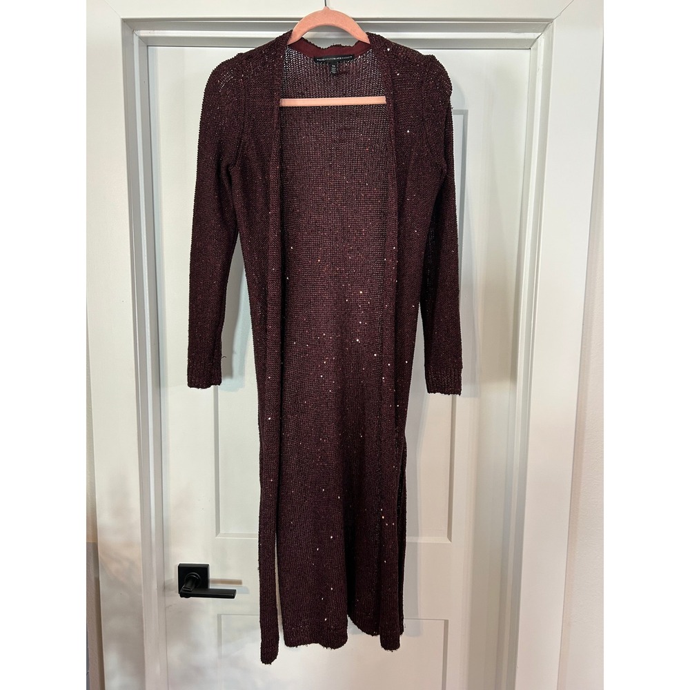 White House Black Market Sequin Shimmer Long Duster Cardigan Burgundy XS Dressy
